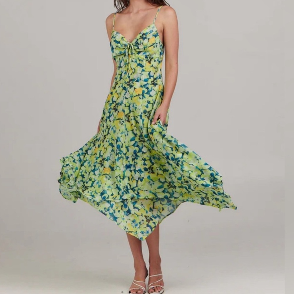 Charlie Holiday Abigail Midi Dress Tropical Floral Yellow Blue Spaghetti Strap